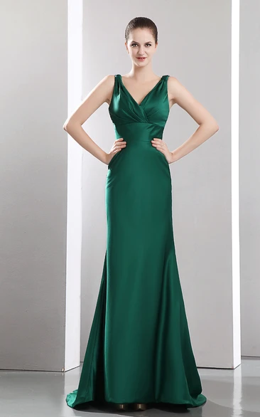 Satin Evening Dress with V-Neck and Sweep Train Sleeveless and Sexy