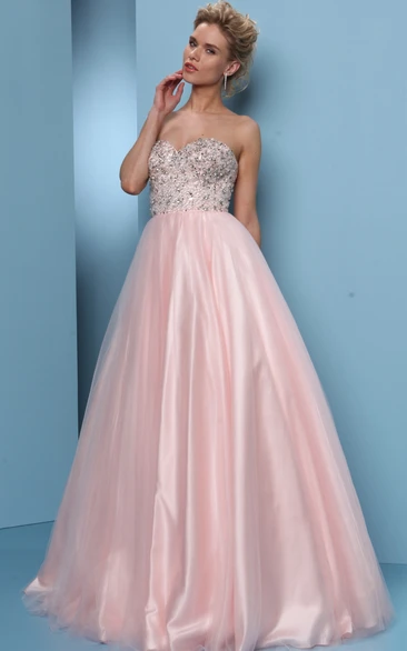 Beaded Sweetheart Tulle&Satin Ball Gown Prom Dress Floor-Length