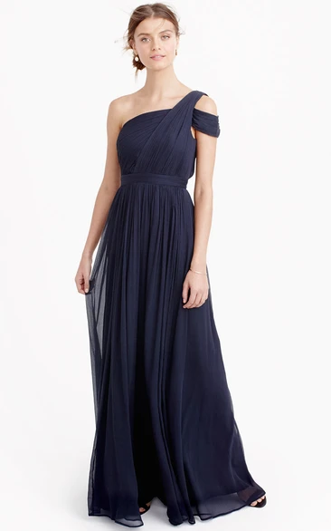 Ruched One-Shoulder Chiffon Bridesmaid Dress with Pleats Long Sheath Dress