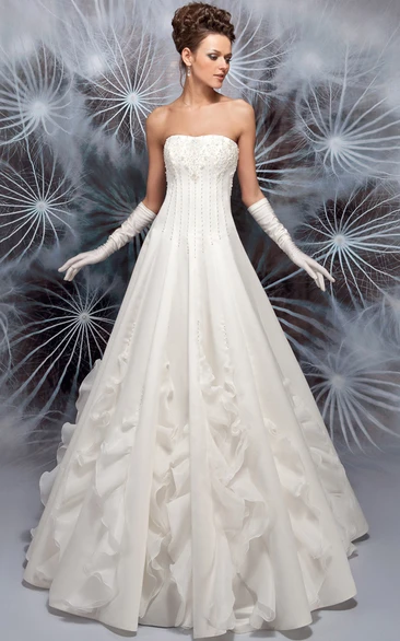 Strapless Satin A-Line Wedding Dress with Beading and Ruffles Flowy Bridal Gown