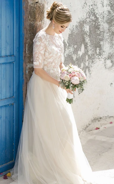Elegant Modest Bateau Neck Tulle A-line Half Sleeve Wedding Dress Country Wedding Dress