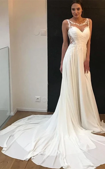 Romantic A Line Chiffon Wedding Dress with Appliques and Bateau Neckline