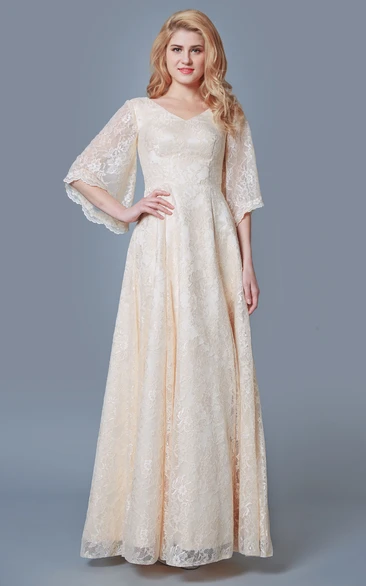 Long Lace Bridesmaid Dress with Bell Sleeves Vintage V Neck