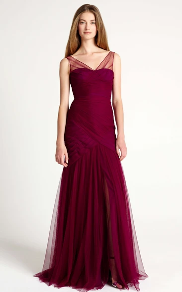 Mermaid V-Neck Tulle Bridesmaid Dress with Ruching Modern and Chic