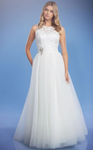 Tulle Appliqued Wedding Dress with Broach and Keyhole Back A-Line Style