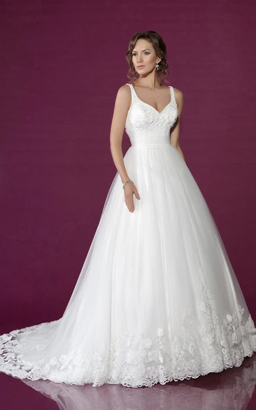 Tulle Appliqued Wedding Dress with V Back and Chapel Train Elegant Bridal Gown