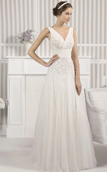 Beaded Tulle A-Line Wedding Dress with V-Neck and Low-V Back