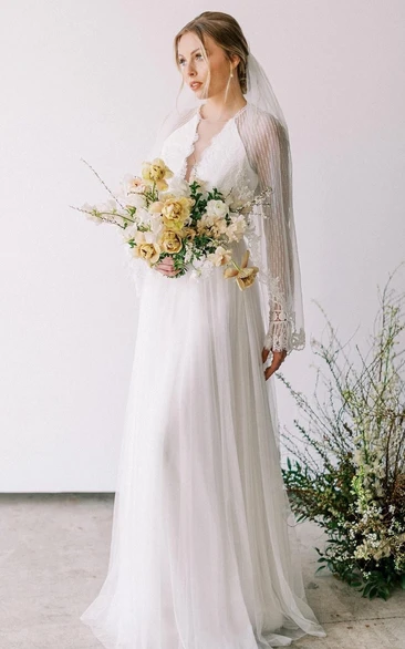 Bohemian Illusion Sleeve A-Line Wedding Dress with V-Neck Boho