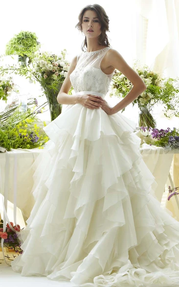 Organza Cascading-Ruffle Wedding Dress with Illusion Back and Beading A-Line Sleeveless