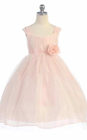Straps Empire Tea-Length Tulle Flower Girl Dress Simple and Chic