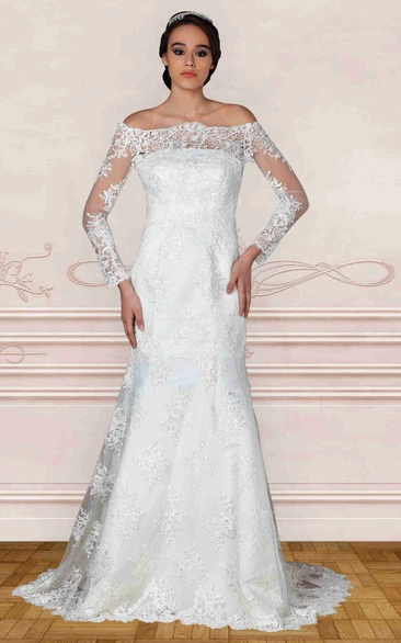 Long-Sleeve Lace A-Line Wedding Dress with Illusion Off-The-Shoulder Neckline