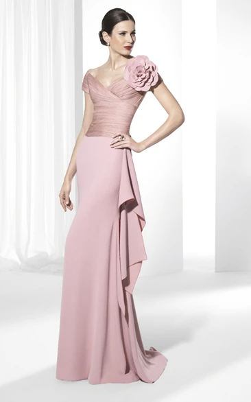 Ruched V-Neck Jersey Prom Dress with Flower and Draping Floor-Length