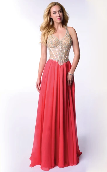 Halter V-Neck Chiffon Long Homecoming Dress with Lace-Up Back Classy Beach Dress