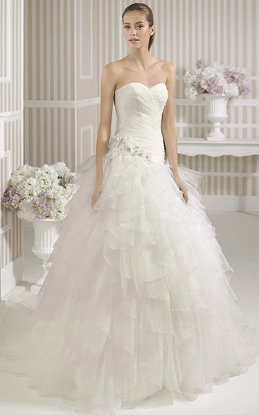 Ruffled Organza Sweetheart Ball Gown Wedding Dress with Criss Cross and Flowers