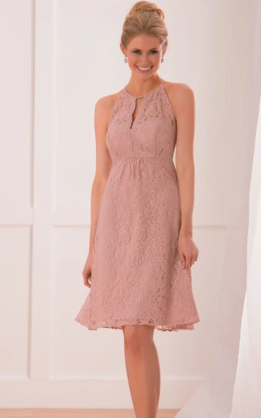 Knee-Length Lace Bridesmaid Dress with High Neck and Keyhole