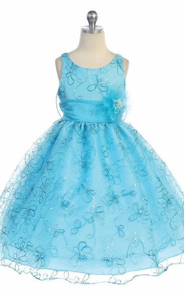 Embroidered Floral Tea-Length Flower Girl Dress with Sequins & Sash