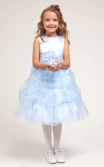 Ruched Floral Tea-Length Organza & Satin Flower Girl Dress with Sash Classy Bridesmaid Dress