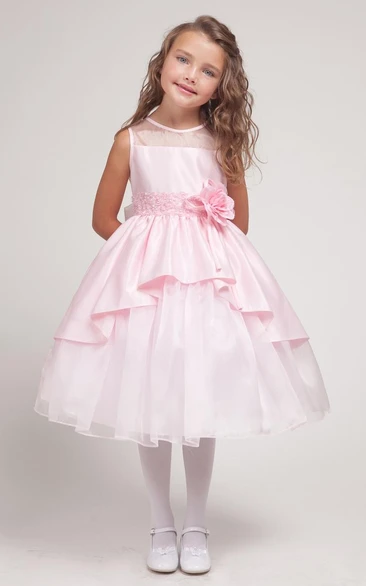 Floral Tiered Lace&Organza Tea-Length Flower Girl Dress with Ribbon Wedding Dress