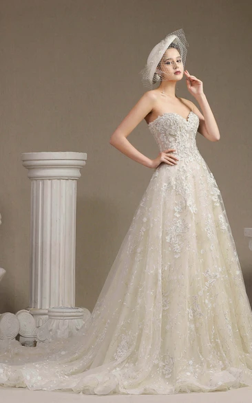 Lace Ballgown Princess Floral Appliqued Sweetheart Wedding Dress Simple Country Bridal Gown