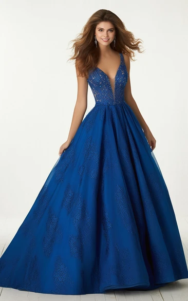 Satin Tulle Ball Gown Prom Dress Sleeveless V-neck Sweep Train Sexy