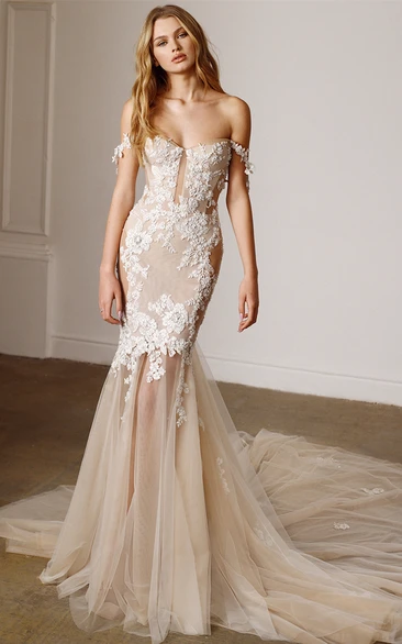 Off-shoulder Tulle Mermaid Wedding Dress with Appliques Ethereal & Elegant