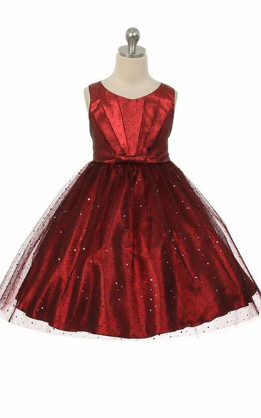 Pleated Tulle&Sequins Flower Girl Dress V-Neck Tea-Length Unique