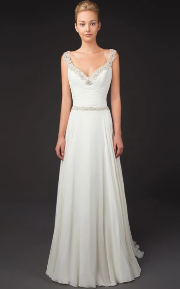 Sleeveless V-Neck Chiffon Wedding Dress with Ruched Bodice