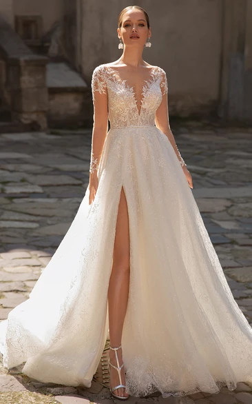 Casual A Line Tulle Wedding Dress with Plunging Neckline Split Front and Beading