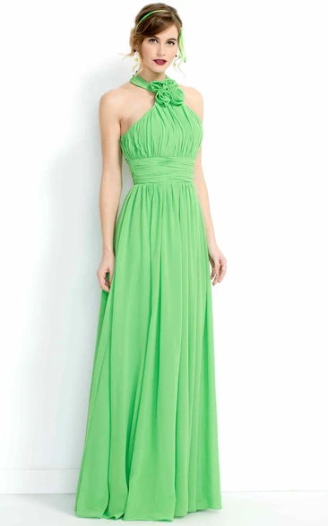 High-Neck Floral Chiffon Bridesmaid Dress with Ruched Bodice and Long Flowy Skirt