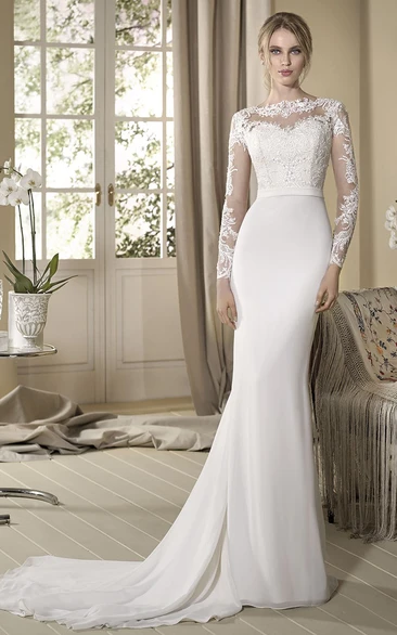 Floor-Length Sheath Jersey&Lace Long-Sleeve Wedding Dress Unique Bridal Gown