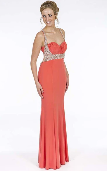 Beaded Sleeveless Jersey Prom Dress Sheath Floor-Length Straps