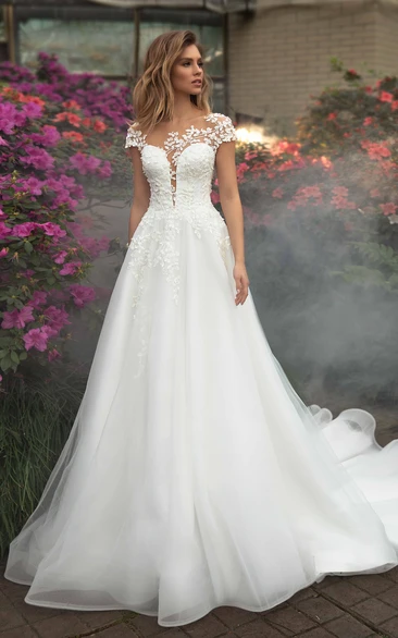 Lace Tulle Plunging Neckline Applique Wedding Dress Elegant A Line