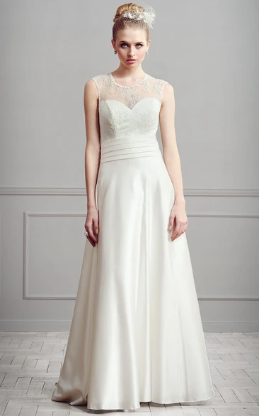 Scoop-Neck Satin Maxi Wedding Dress with Lace A-Line Sleeveless