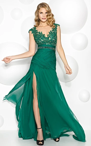 Jeweled Chiffon Prom Dress V-Neck Cap Sleeve