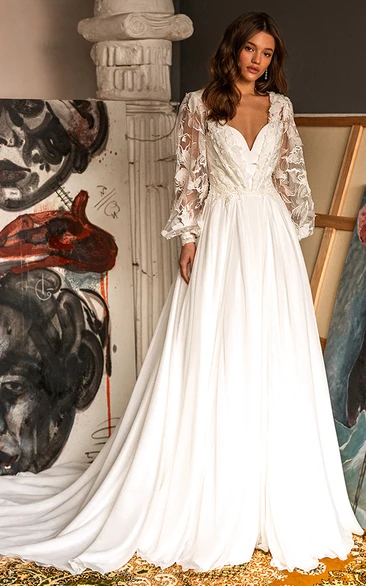 Bohemian Chiffon Sweetheart Long Sleeve Wedding Dress A Line