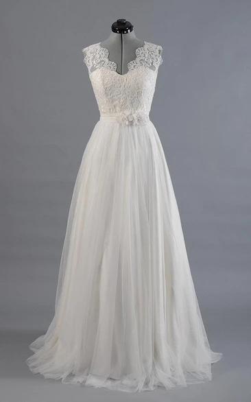 A-Line Alencon Lace Tulle Wedding Dress with V-Neck and Sleeveless