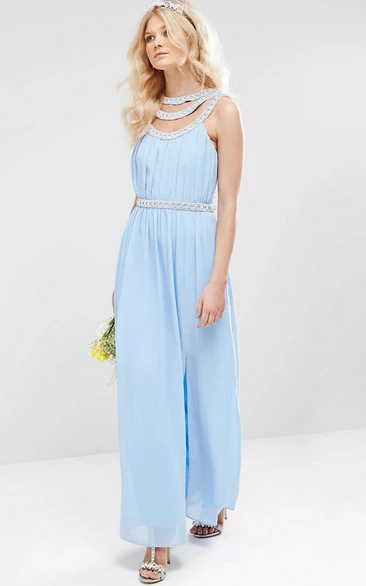 Ruched Chiffon Bridesmaid Dress Scoop-Neck Sleeveless Ankle-Length with Beading and Split Front