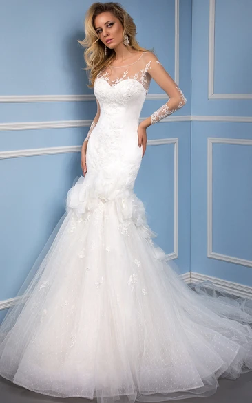 Floral Mermaid Tulle Wedding Dress with Long Sleeves