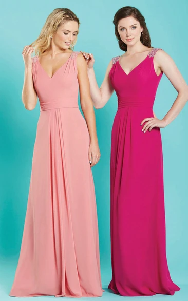 V-Neck Sleeveless Long Chiffon Bridesmaid Dress with Epaulet Sheath Style