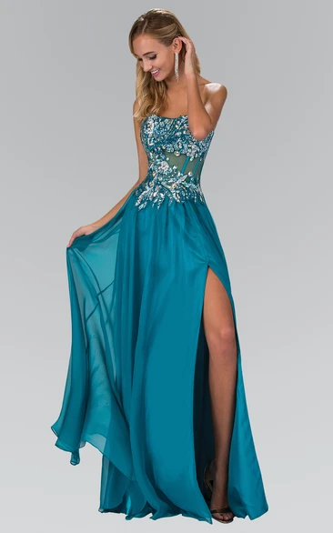 Backless Chiffon Sheath Prom Dress with Beading and Front Split