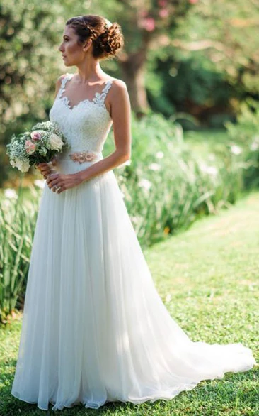 Lace Chiffon A-Line Wedding Dress with Straps and Brush Train