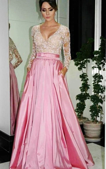 A-Line V-Neck Prom Dress with Beadings and Long Sleeves for Formal Occasions