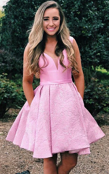 Pink Short A-Line Boho Lace Homecoming Dress Cute Modest Satin Straps V-Neck Sleeveless A-Line Prom Party Dress with Embroidery