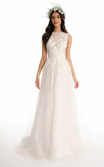 Long Appliqued Tulle Wedding Dress with High Neck and Sweep Train Illusion Classy Beach