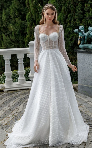 A-Line Tulle Sweetheart Wedding Dress with Sweep Train Flowy A-Line Tulle Wedding Dress with Sweetheart Neckline and Sweep Train