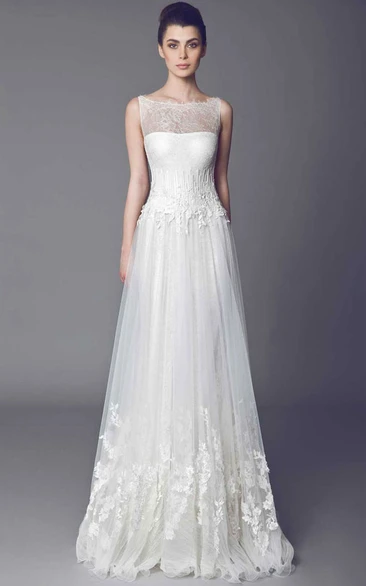 Bateau Tulle Wedding Dress with Lace & Ruffles A-Line Sleeveless Floor-Length