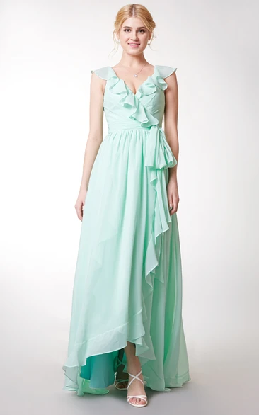 Asymmetric Ruffled Chiffon Bridesmaid Dress with Cap Sleeves and Sash