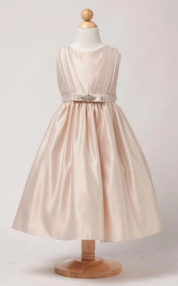 Satin Flower Girl Dress with Beaded Pleats and Tiered Skirt