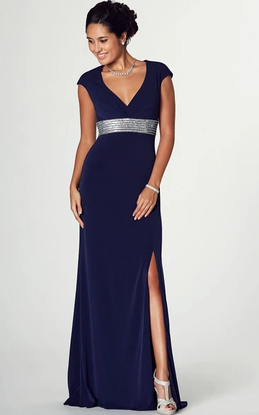 Jeweled V-Neck Cap Sleeve Jersey Prom Dress with Brush Train