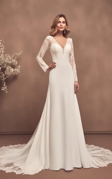 Modest Long Sleeve A-Line Satin Lace Wedding Dress V-neck Garden Court Train 2024 Women's Modern